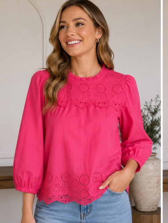 St. John's Bay Tops - St. John's Bay Bright Pink Eyelet Embroidered Yoke Blouse